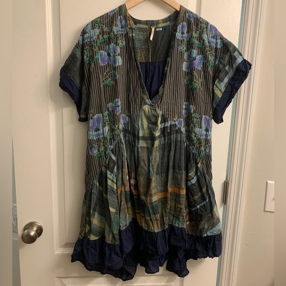 Free People Floral Plaid Printed Agnes V-Neck Swing Mini Dress Navy Blue Green - Picture 6 of 10